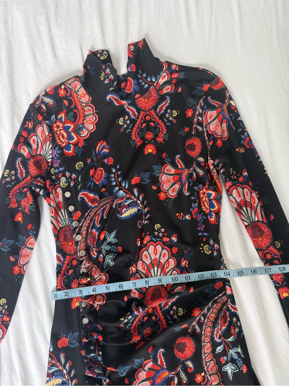 Paco Rabanne Black Long-Sleeve Paisley A-Line Dress with Red Accents - Picture 8 of 9